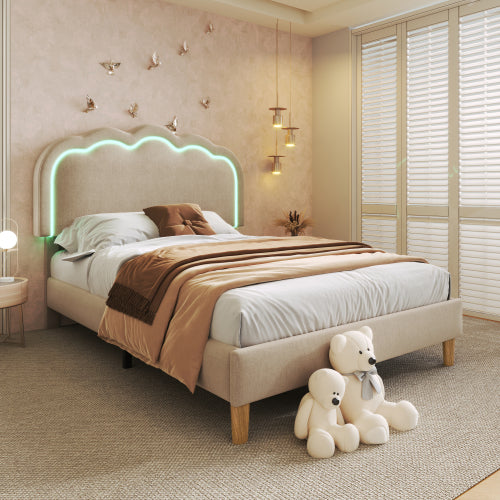 Beige Upholstered Single Bed with LED, Adjustable Headboard, Slatted Frame, YouthGuest Room Bed, Linen Material