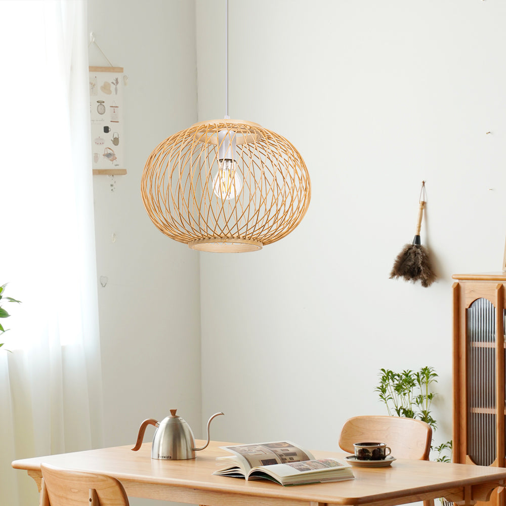 (M)Bamboo Pendant Lighting Globe Shade Boho Rattan Hanging Lights Fixture E27 for Kitchen Island