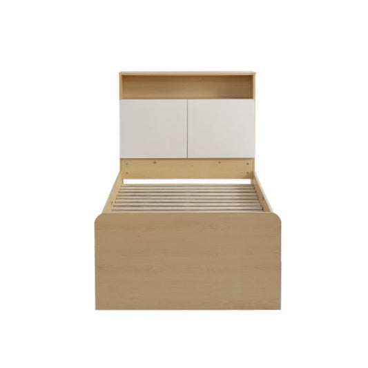 Youth Panel Bed with Flap Shelf Headboard, 4 Drawers, and Shock Protection - White Light Oak