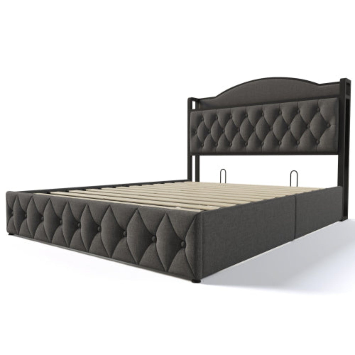 Grey Upholstered Double Bed with USB Charging, Storage, Slatted Metal Frame -Mattress Not Included