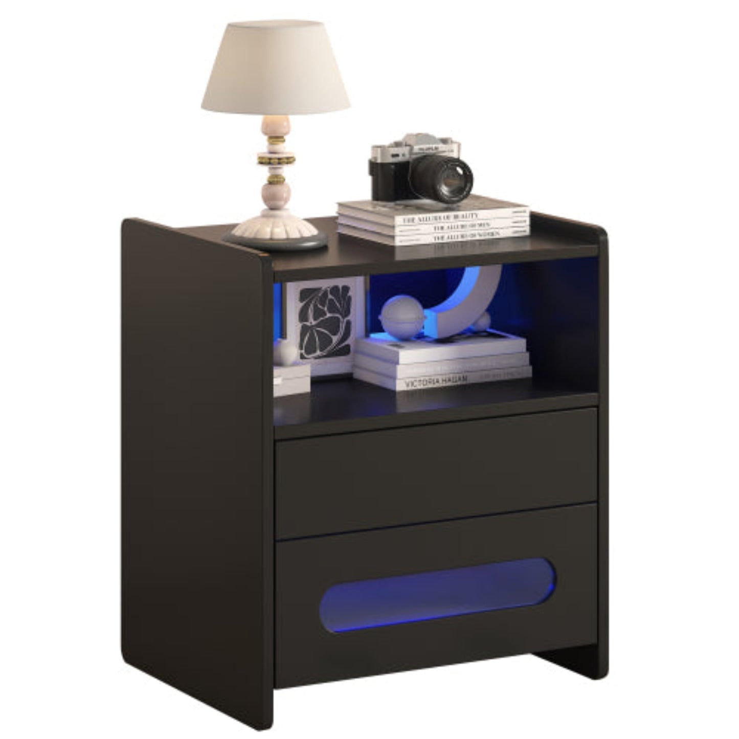 High Gloss LED Bedside Tables-Modern 2-Drawer Nightstands with LED Lighting, BlackSet of 2