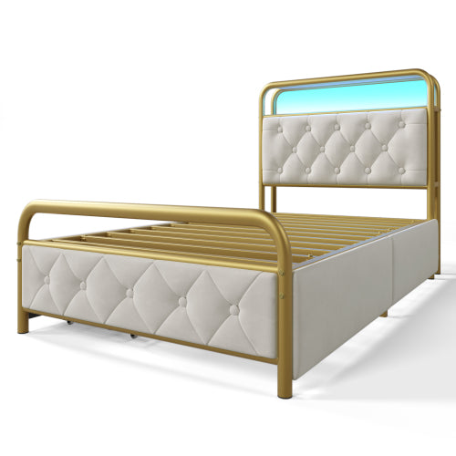 Velvet Single Bed with USB Type C Charging, APP-Controlled LED, Metal Frame, 2 Drawers