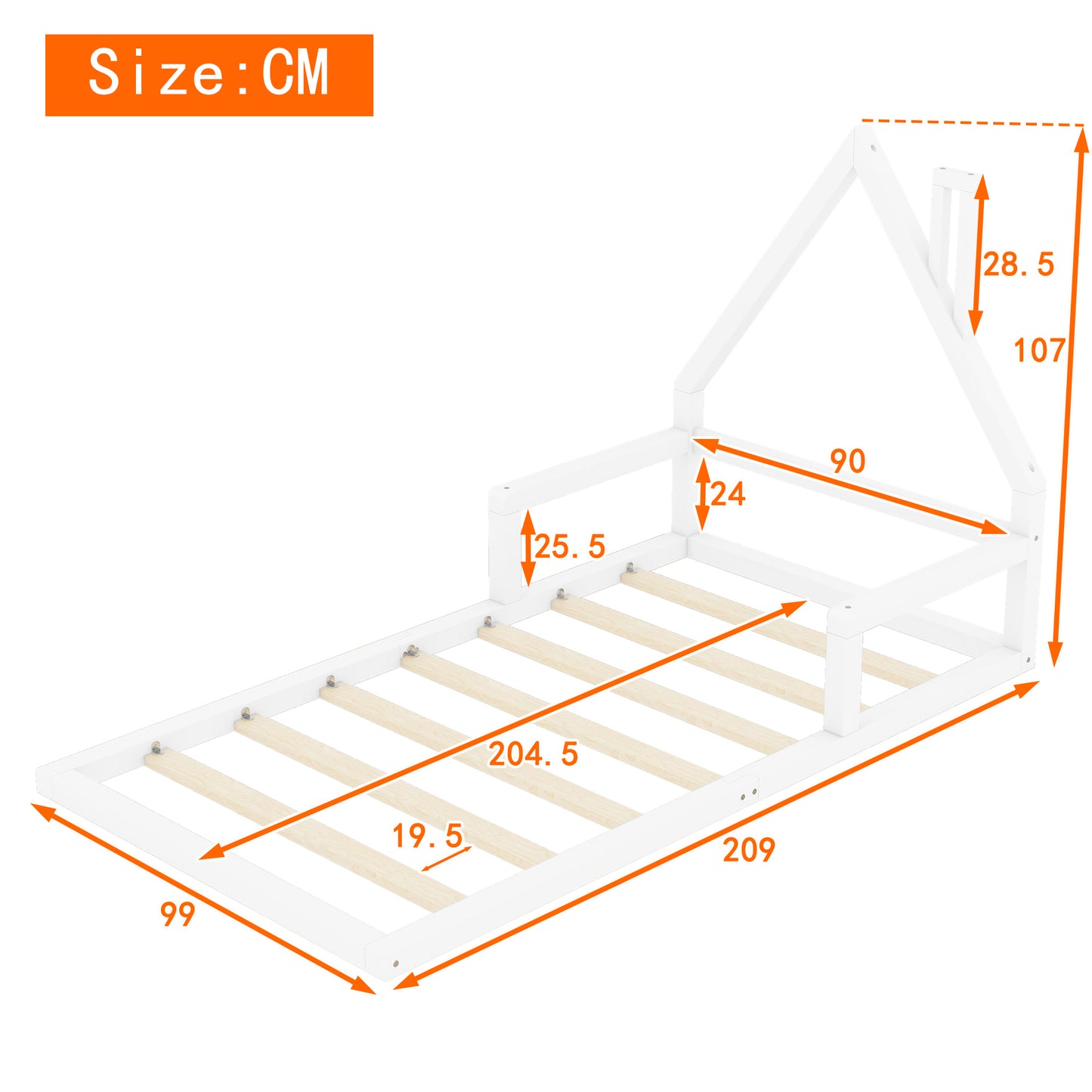 White Solid Pine 90x200cm Children's Bed with House Shape