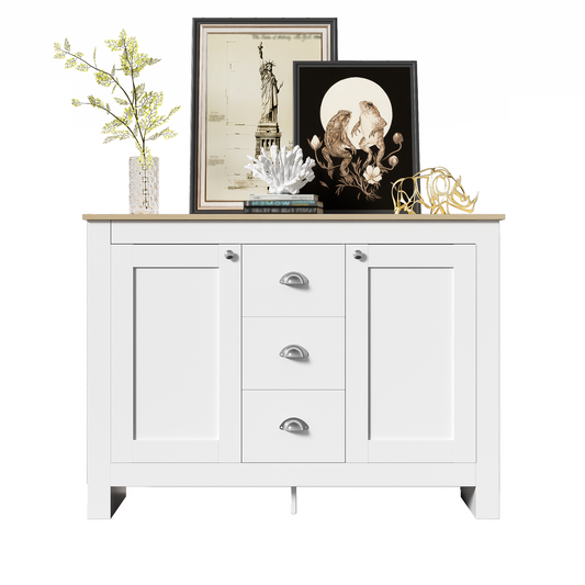 116cm Warm White Wooden Sideboard with 2 Doors, 3 Drawers,Silver Handles