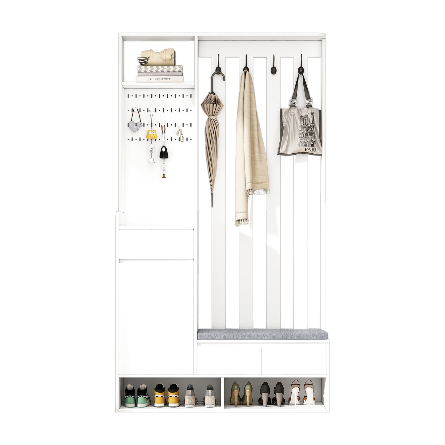 Modern White Hallway Furniture Set - Coat Rack, Shoe Cabinet, Padded Bench