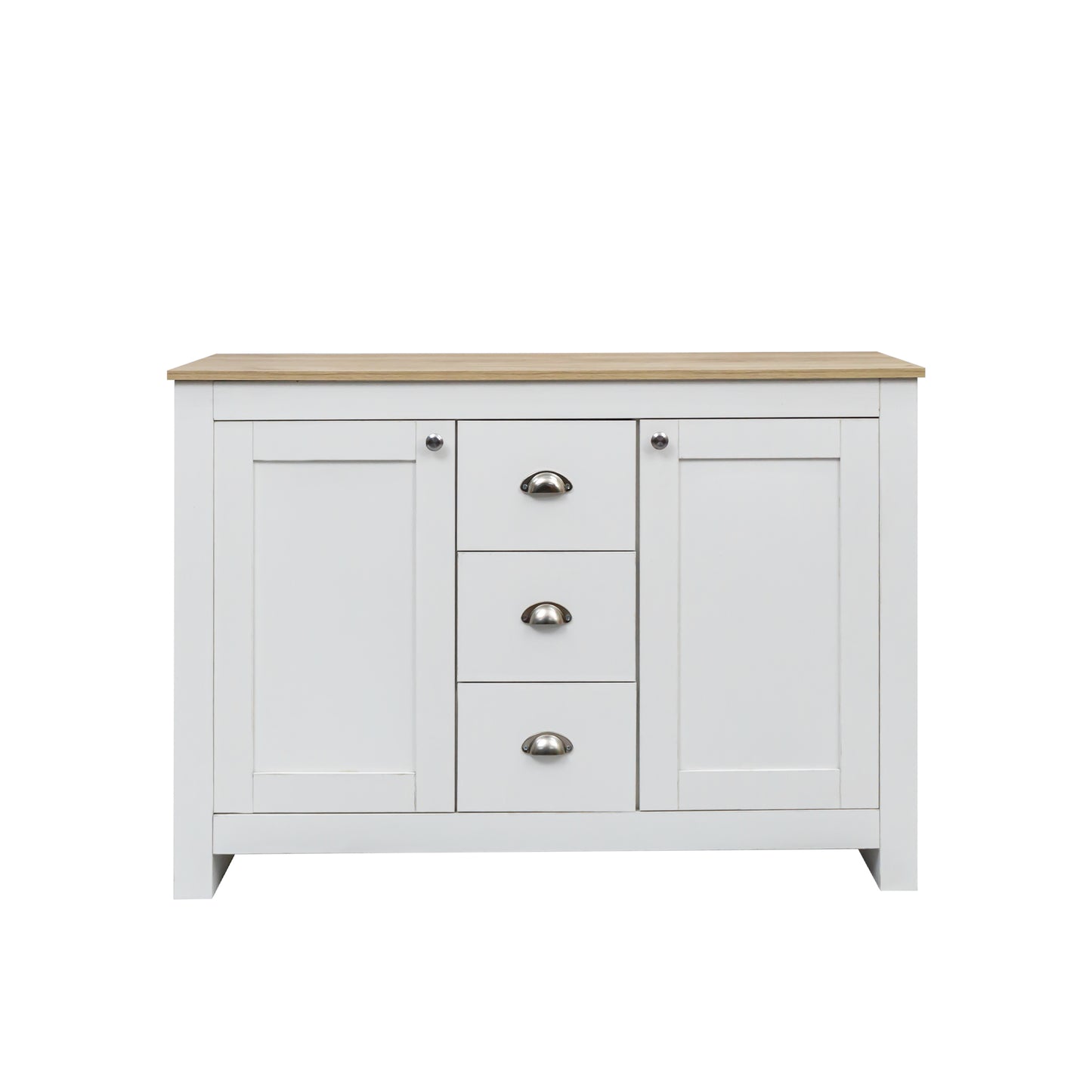 116cm Warm White Wooden Sideboard with 2 Doors, 3 Drawers,Silver Handles