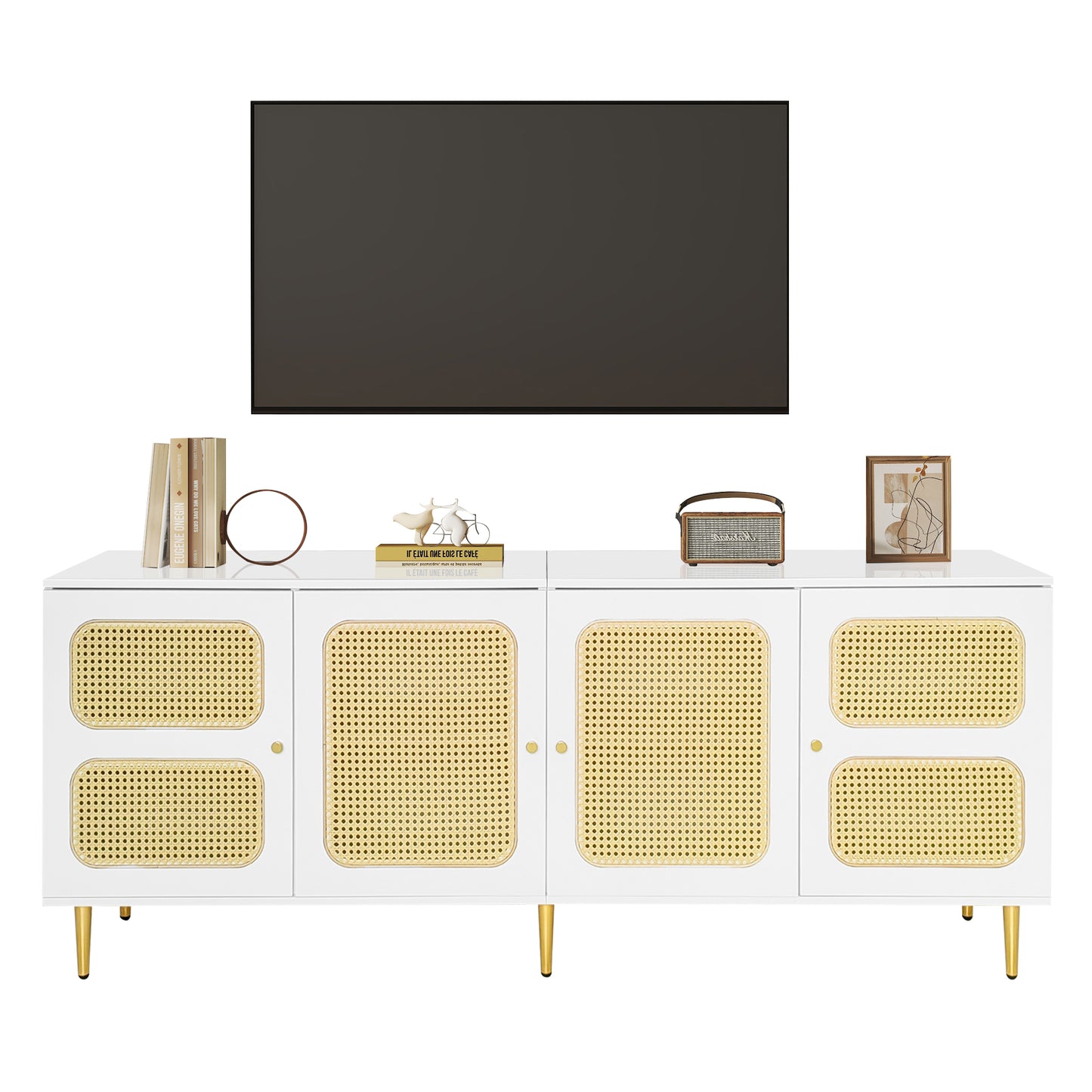 Elegant White Rattan TV Cabinet - 180x40x72 cm with Storage and Cable Management