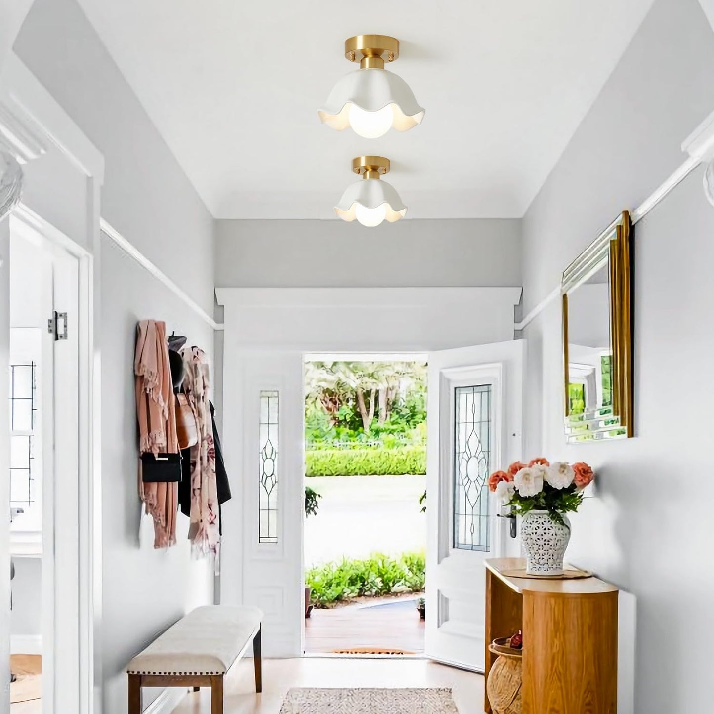 (Y)Modern Farmhouse Brass Semi Recessed Ceiling Lights Milk Glass Light Fixtures Gold Vintage Approach Ceiling Light Fixtures Small Hallway Semi Flush Mount Lights For Kitchen Dining Room