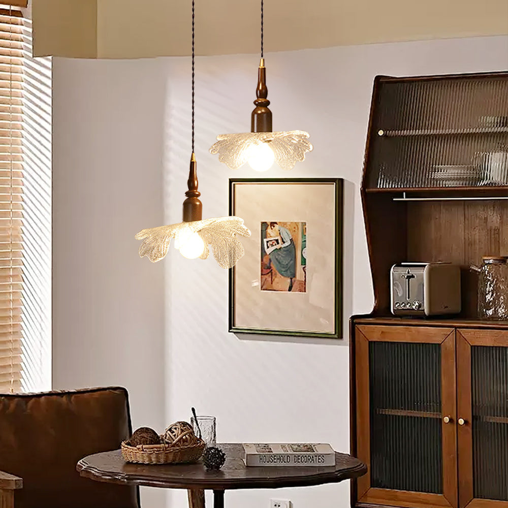 (K) Vintage Glass Pendant Light Walnut Wooden Lamp Base Small Chandelier for Bedside Window