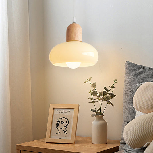 (K) Solid Wood Glass Pendant Lamp Cream Bedroom Chandelier Nordic Minimalist Small Pendant Light