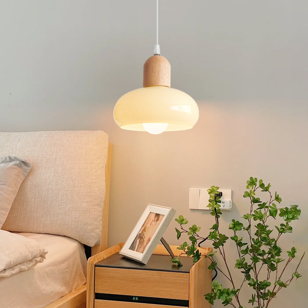 (K) Solid Wood Glass Pendant Lamp Cream Bedroom Chandelier Nordic Minimalist Small Pendant Light
