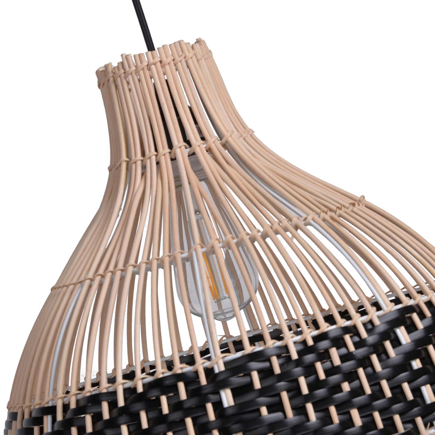 (M)ARTURESTHOME Pendant Light Fixture Black Rattan Drum Shade 1 Light Hanging Chandelier For Living Room