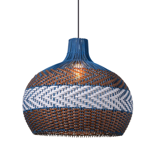 Hand Woven Rattan Art Pendant Light Blue And Brown Striped Hanging Ceiling Light Lampshade