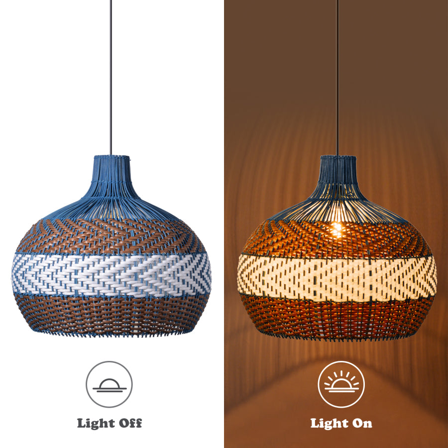 Hand Woven Rattan Art Pendant Light Blue And Brown Striped Hanging Ceiling Light Lampshade