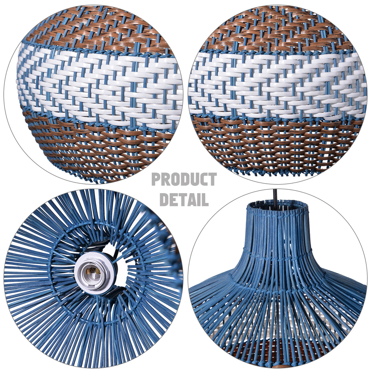Hand Woven Rattan Art Pendant Light Blue And Brown Striped Hanging Cei ...
