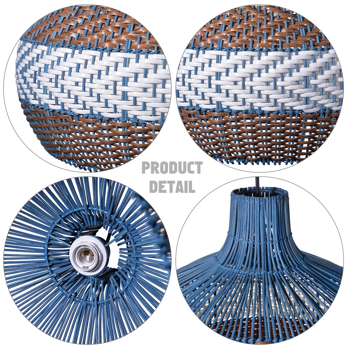 Hand Woven Rattan Art Pendant Light Blue And Brown Striped Hanging Ceiling Light Lampshade