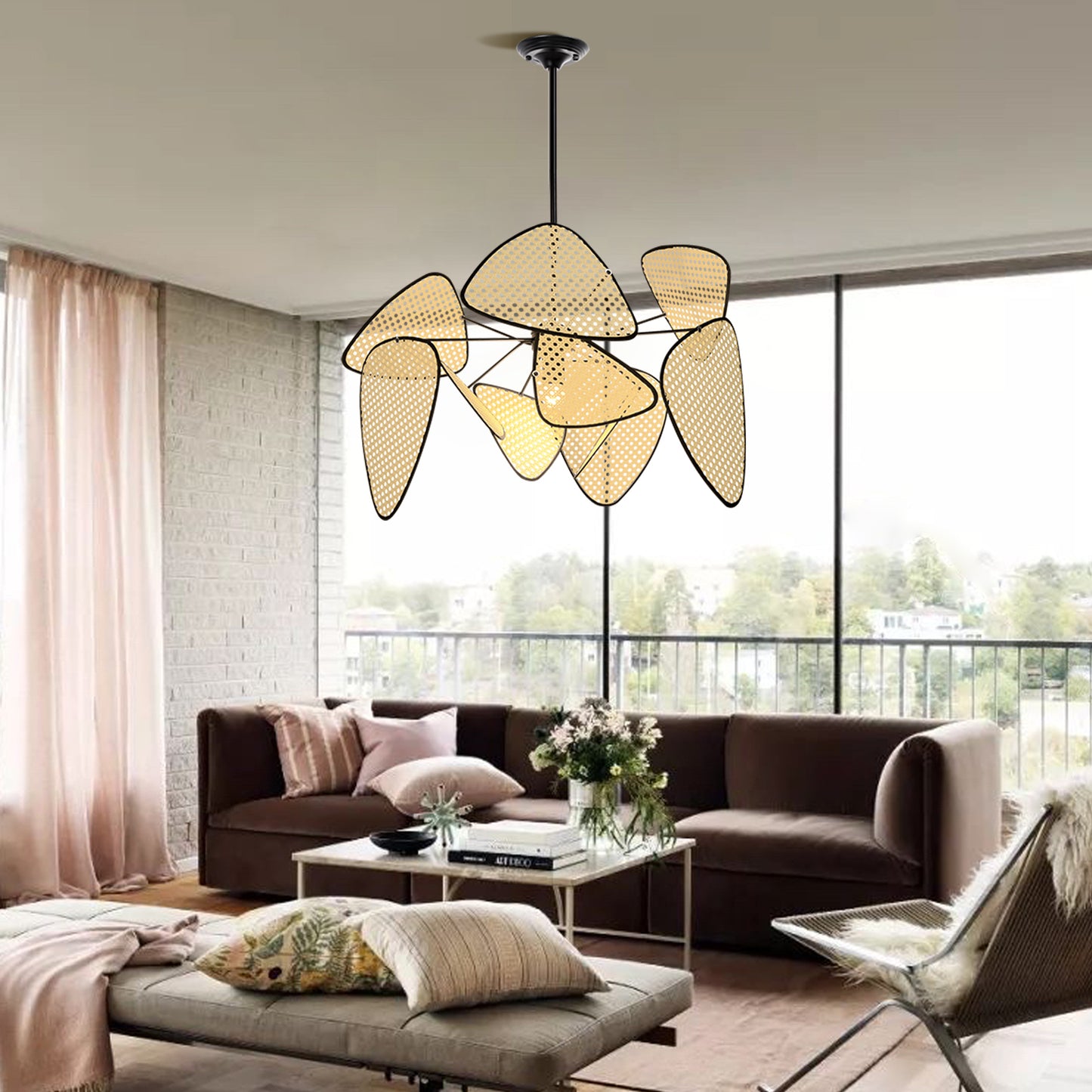 Arturesthome Hollow Fan Blades Combination Rattan Pendant Light Shade For Bedroom Kitchen Island