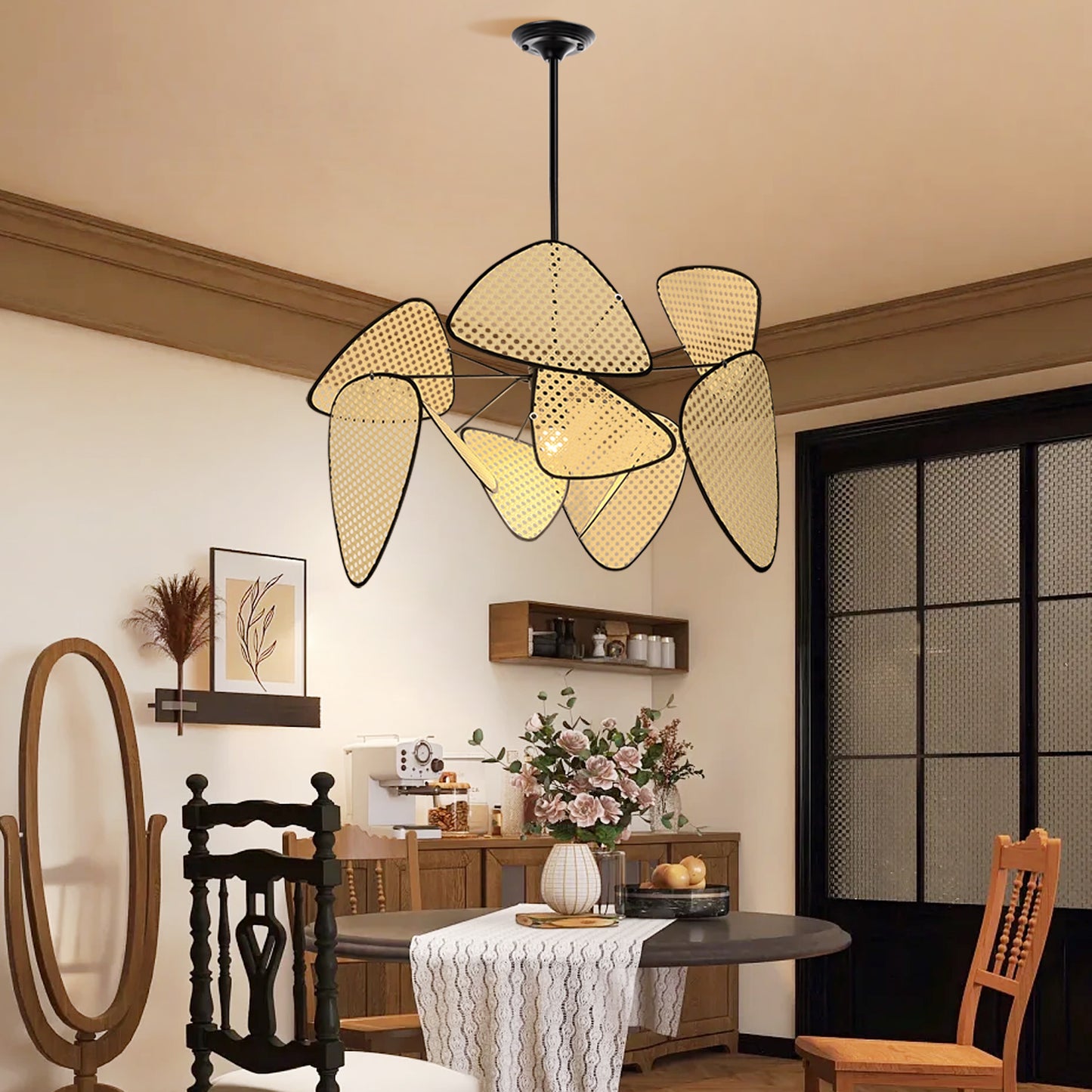 Arturesthome Hollow Fan Blades Combination Rattan Pendant Light Shade For Bedroom Kitchen Island