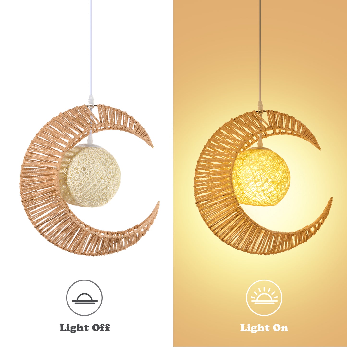 (Q)Vine Pendant Light Hand Woven Moon Shaped Pendant Light,Hemp Rope Lampshade Decorative Pendant Light,Suitable for Study Rooms,Bedrooms,Cafes