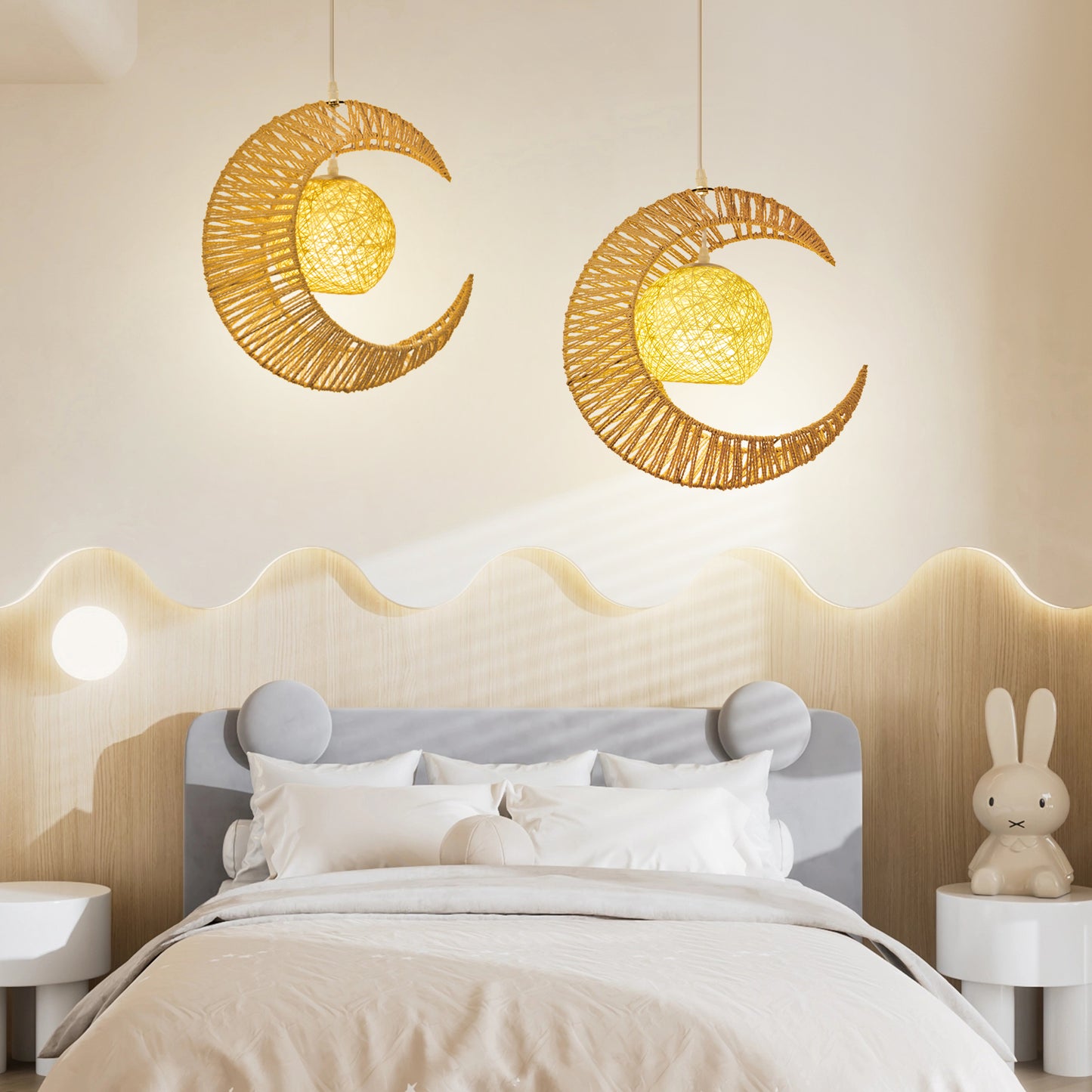 (Q)Vine Pendant Light Hand Woven Moon Shaped Pendant Light,Hemp Rope Lampshade Decorative Pendant Light,Suitable for Study Rooms,Bedrooms,Cafes