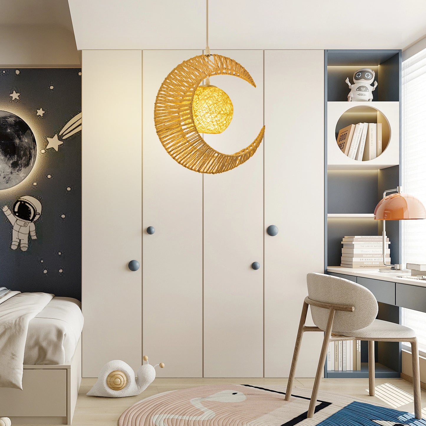 (Q)Vine Pendant Light Hand Woven Moon Shaped Pendant Light,Hemp Rope Lampshade Decorative Pendant Light,Suitable for Study Rooms,Bedrooms,Cafes