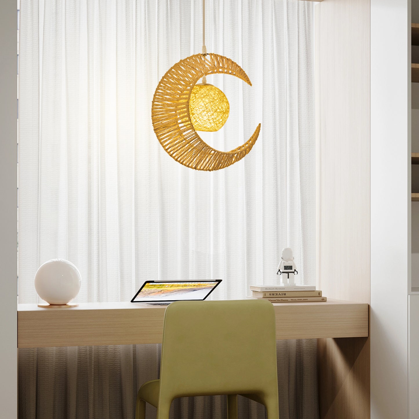 (Q)Vine Pendant Light Hand Woven Moon Shaped Pendant Light,Hemp Rope Lampshade Decorative Pendant Light,Suitable for Study Rooms,Bedrooms,Cafes