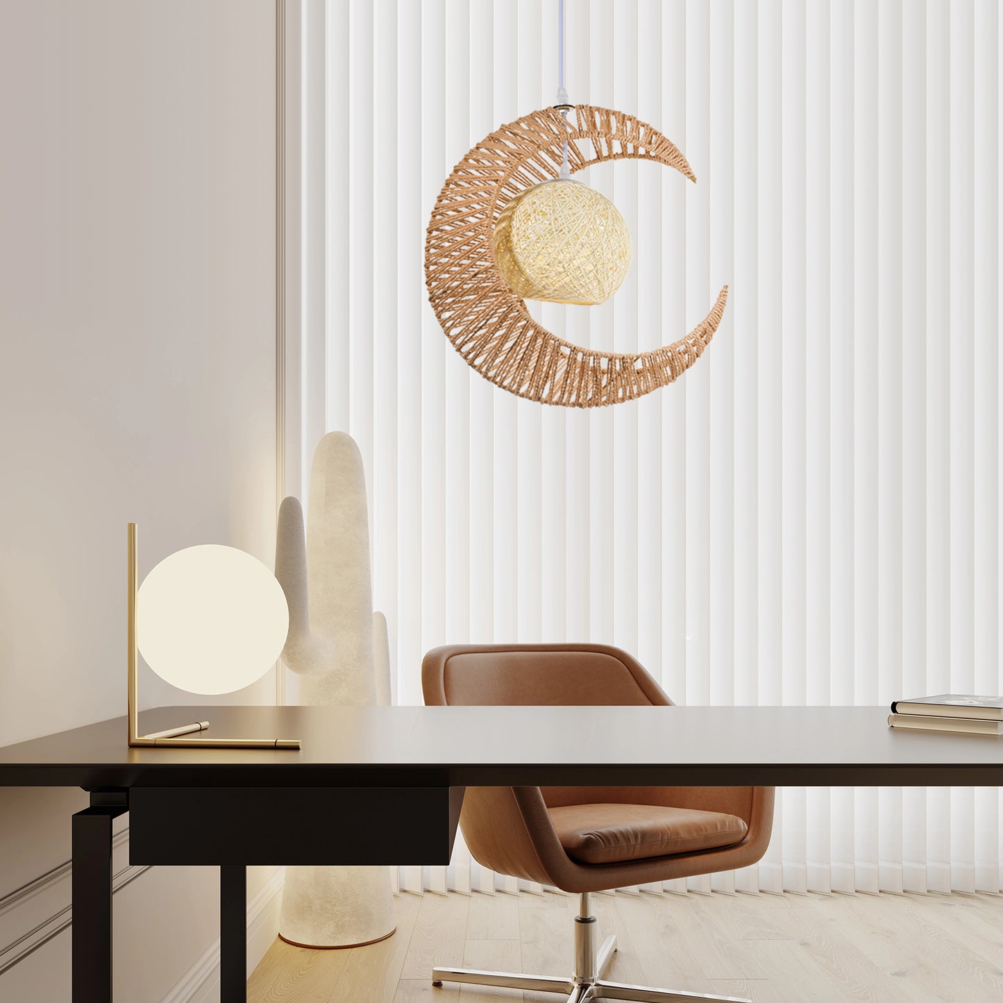 (Q)Vine Pendant Light Hand Woven Moon Shaped Pendant Light,Hemp Rope Lampshade Decorative Pendant Light,Suitable for Study Rooms,Bedrooms,Cafes