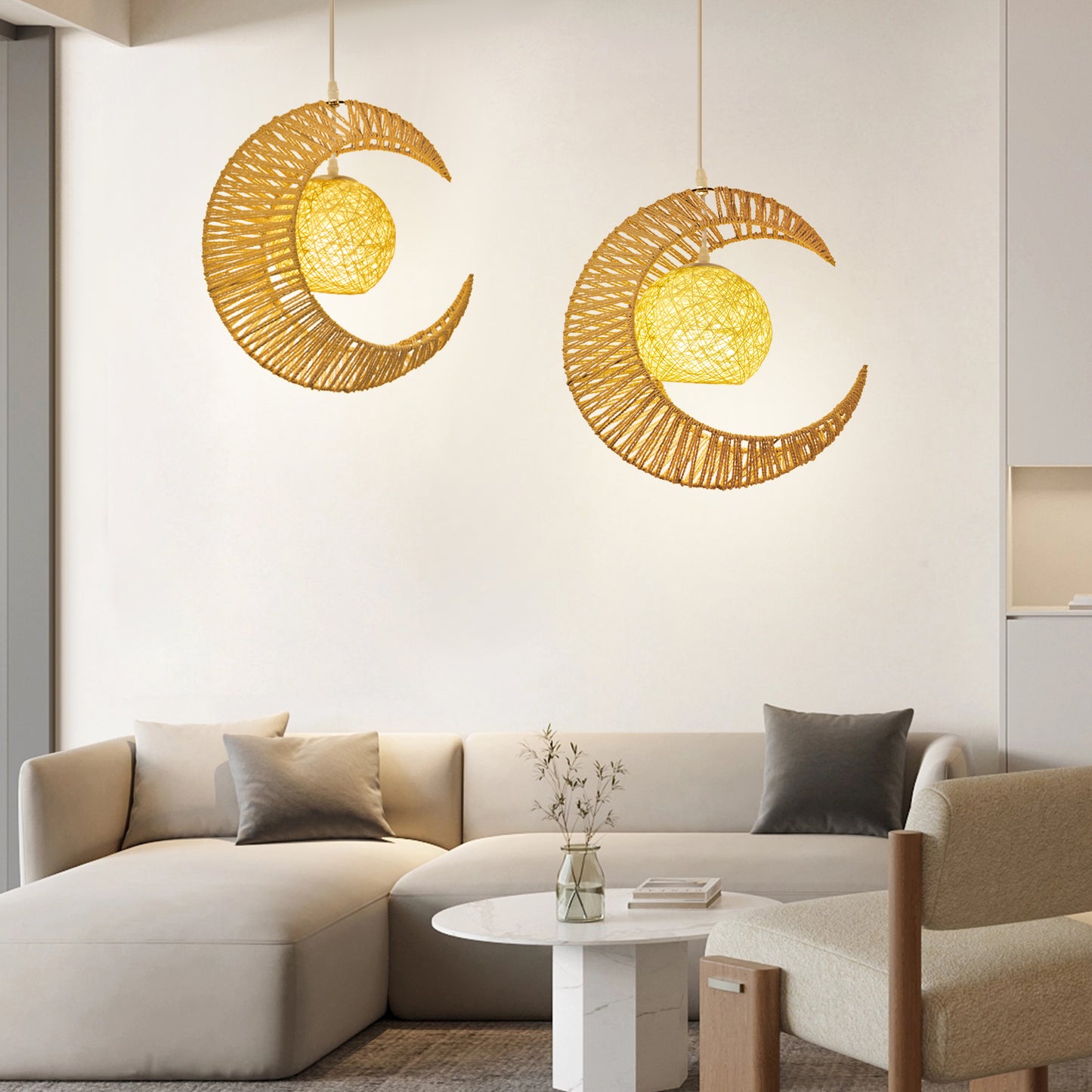 (Q)Vine Pendant Light Hand Woven Moon Shaped Pendant Light,Hemp Rope Lampshade Decorative Pendant Light,Suitable for Study Rooms,Bedrooms,Cafes