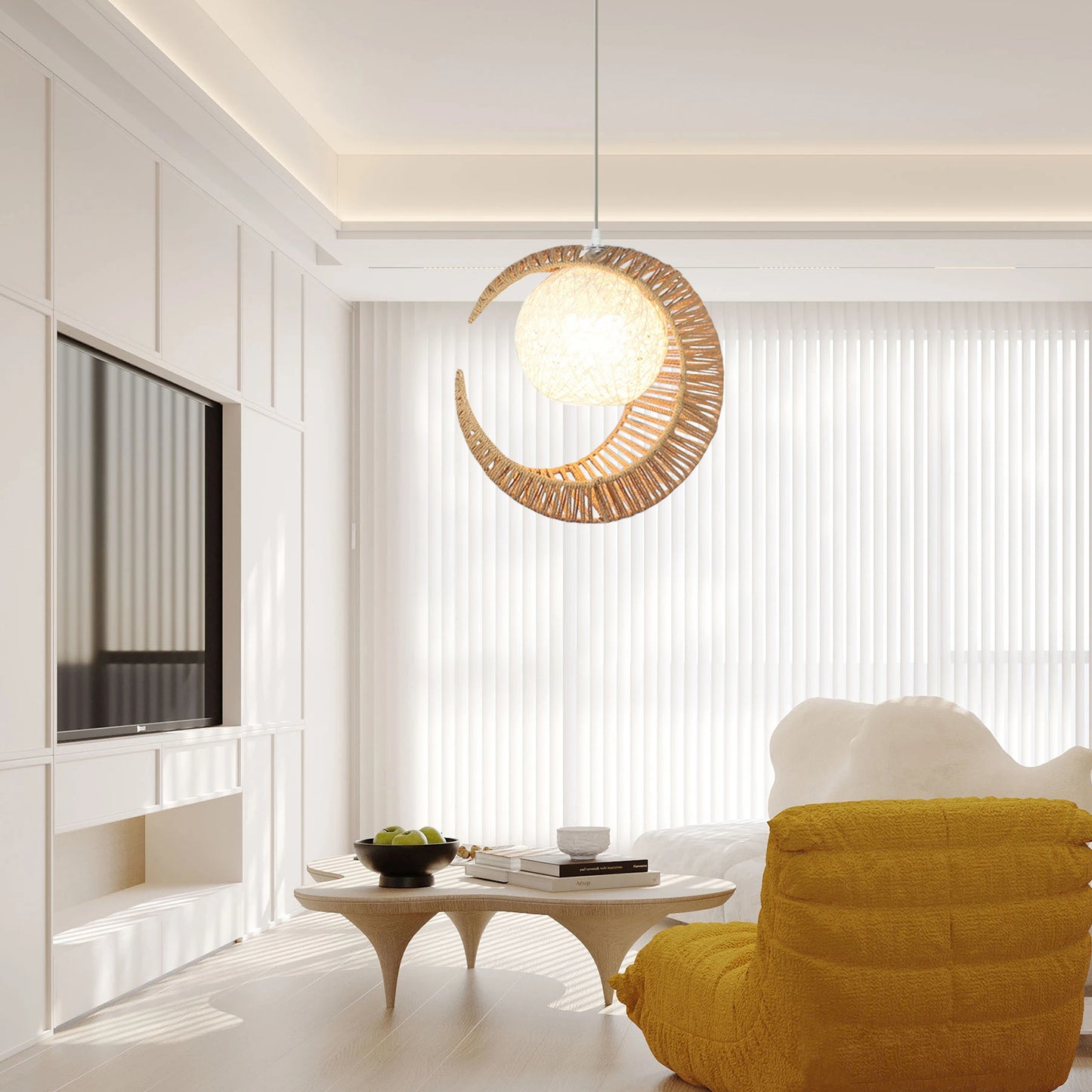 (Q)Vine Pendant Light Hand Woven Moon Shaped Pendant Light,Hemp Rope Lampshade Decorative Pendant Light,Suitable for Study Rooms,Bedrooms,Cafes