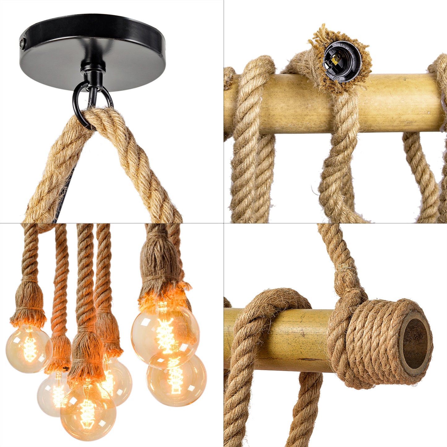 Edison Retro Chandelier Vintage Bamboo Hemp Rope Pendant Lamp