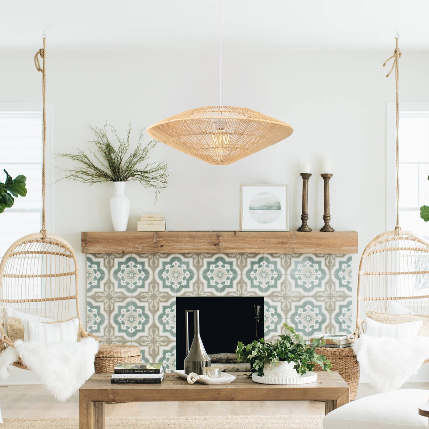 （Q)Handmade Rattan Woven Pendant Light, Modern Minimalist Style Rattan Woven Pendant Light, Suitable for Living Room, Kitchen, Island, Dining Room
