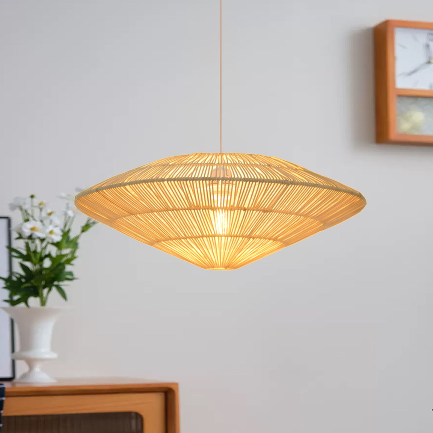 （Q)Handmade Rattan Woven Pendant Light, Modern Minimalist Style Rattan Woven Pendant Light, Suitable for Living Room, Kitchen, Island, Dining Room