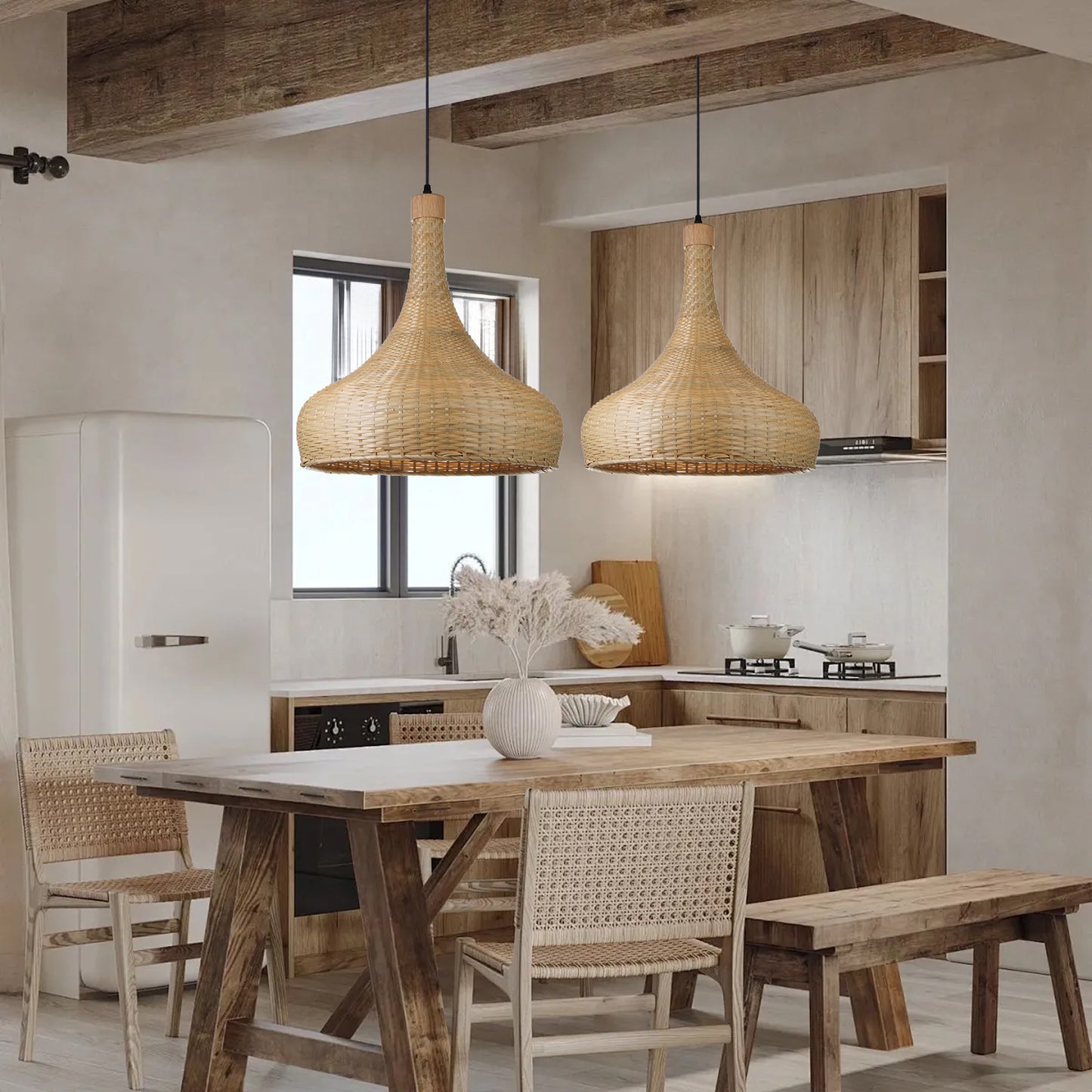 （Q)17.7 Inch Handmade Bamboo Woven Pendant Light, Retro Style Dome Bamboo Pendant Light, Suitable for Bedrooms, Dining Rooms, Living Rooms