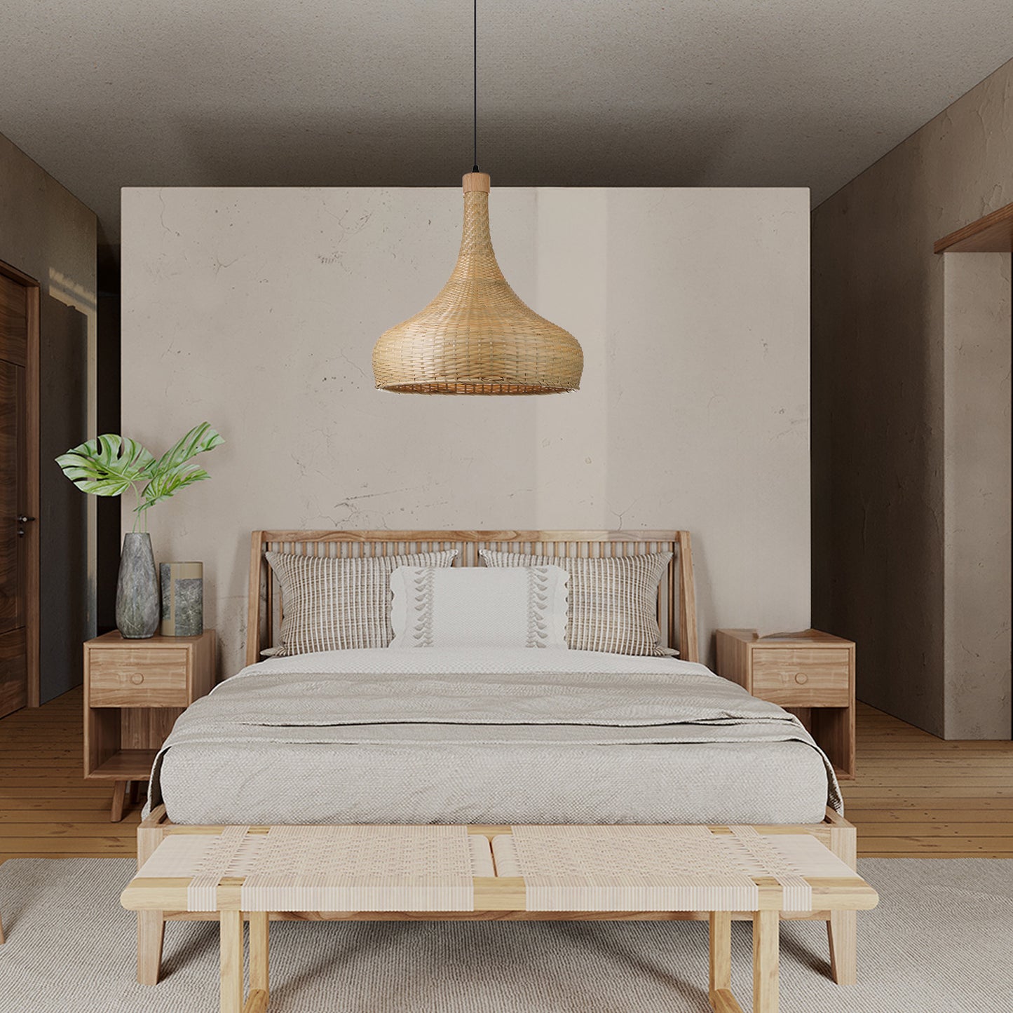 （Q)17.7 Inch Handmade Bamboo Woven Pendant Light, Retro Style Dome Bamboo Pendant Light, Suitable for Bedrooms, Dining Rooms, Living Rooms