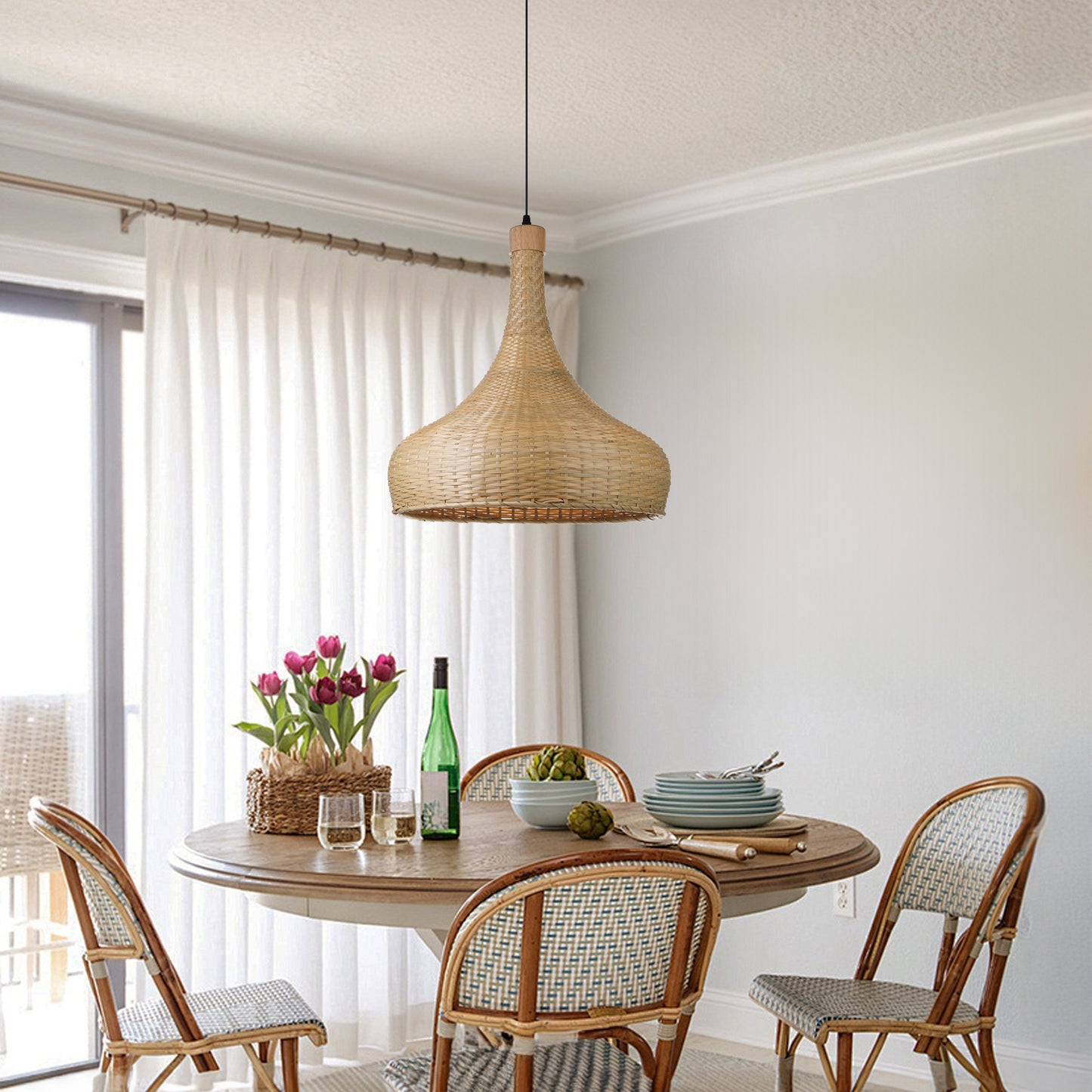 （Q)17.7 Inch Handmade Bamboo Woven Pendant Light, Retro Style Dome Bamboo Pendant Light, Suitable for Bedrooms, Dining Rooms, Living Rooms