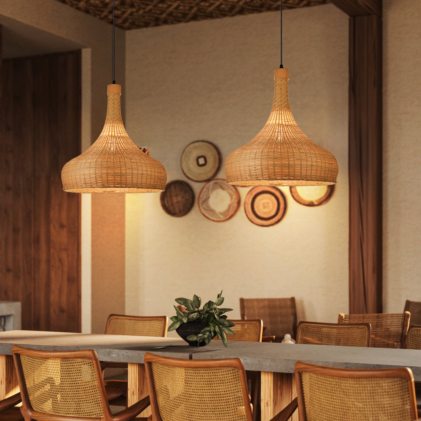 （Q)17.7 Inch Handmade Bamboo Woven Pendant Light, Retro Style Dome Bamboo Pendant Light, Suitable for Bedrooms, Dining Rooms, Living Rooms