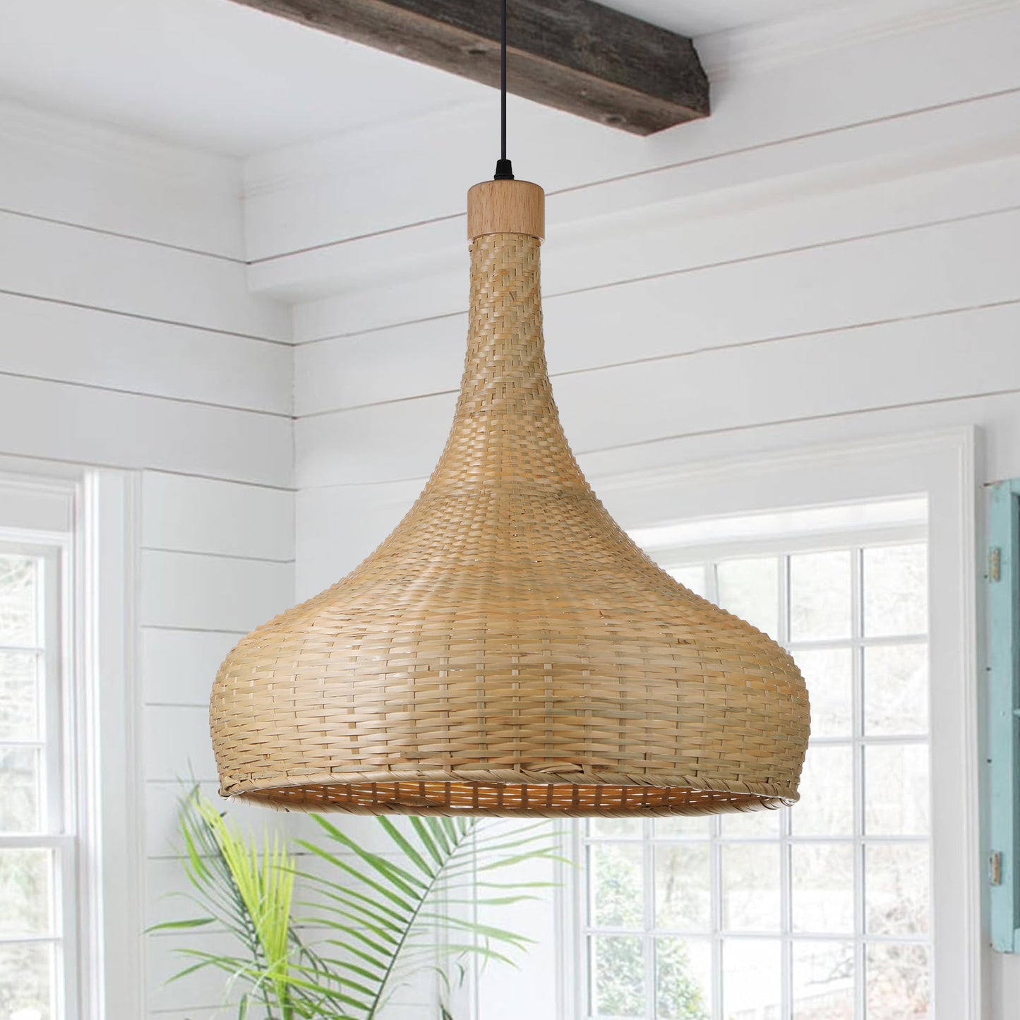 （Q)17.7 Inch Handmade Bamboo Woven Pendant Light, Retro Style Dome Bamboo Pendant Light, Suitable for Bedrooms, Dining Rooms, Living Rooms