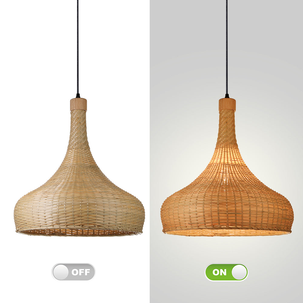 （Q)17.7 Inch Handmade Bamboo Woven Pendant Light, Retro Style Dome Bamboo Pendant Light, Suitable for Bedrooms, Dining Rooms, Living Rooms
