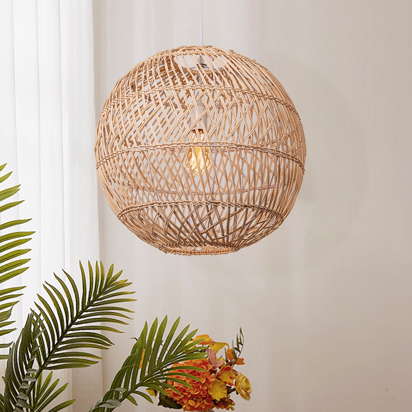 (Z)ARTURESTHOME Bamboo Pendant Ligting Globe Shade Ceiling Hanging Light E27 Sigle for Restaurant Home 1 Light