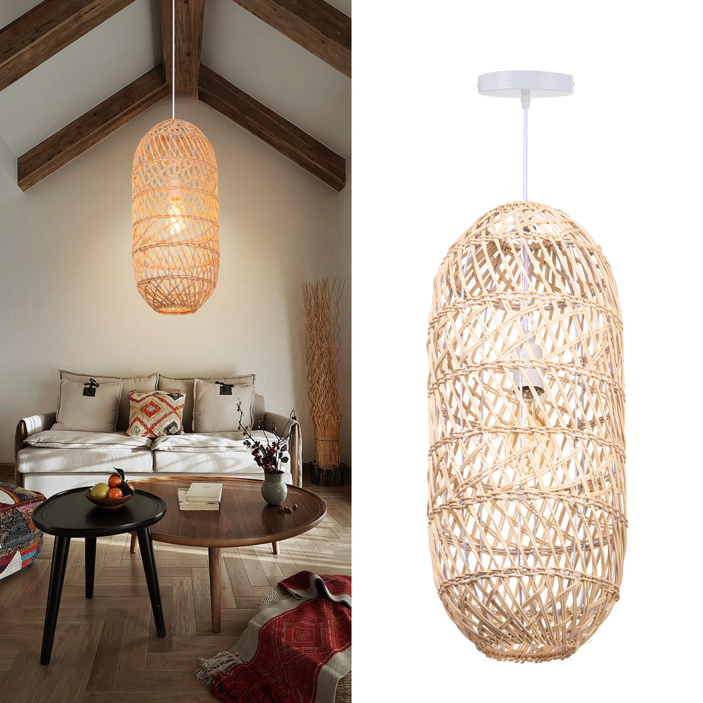 (Z)ARTURESTHOME Bamboo Pendant Lamp Globe Lampshade Ceiling Pendant Lamp E27 for bedroom living room kitchen