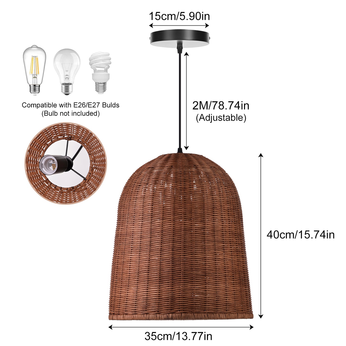 （Q)Hand Woven Brown Rattan Pendant Light, Vintage Style Rattan Basket Rattan Woven Pendant Light, Suitable For Dining And Living Rooms