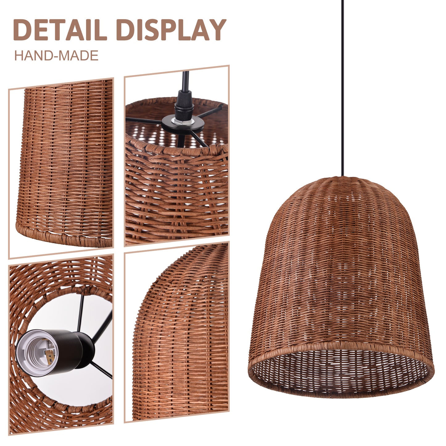 （Q)Hand Woven Brown Rattan Pendant Light, Vintage Style Rattan Basket Rattan Woven Pendant Light, Suitable For Dining And Living Rooms