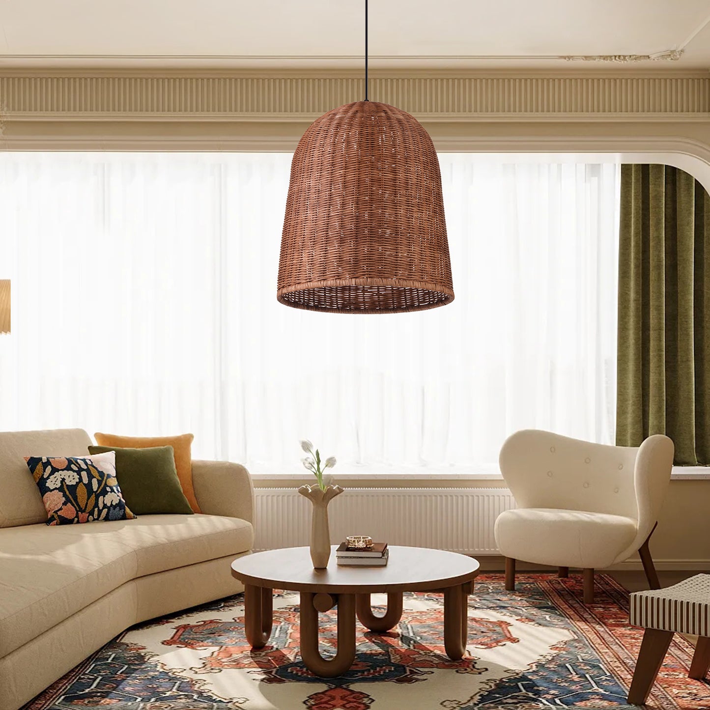 （Q)Hand Woven Brown Rattan Pendant Light, Vintage Style Rattan Basket Rattan Woven Pendant Light, Suitable For Dining And Living Rooms