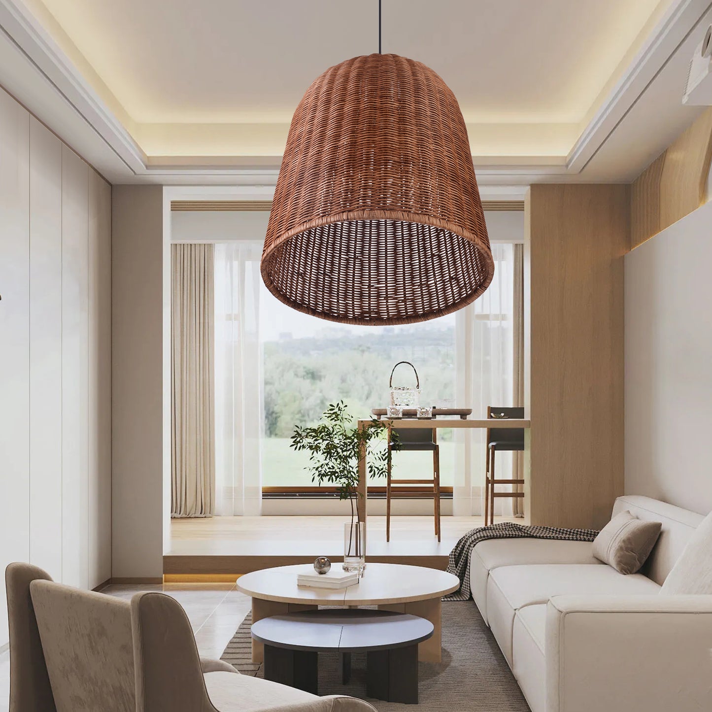 （Q)Hand Woven Brown Rattan Pendant Light, Vintage Style Rattan Basket Rattan Woven Pendant Light, Suitable For Dining And Living Rooms