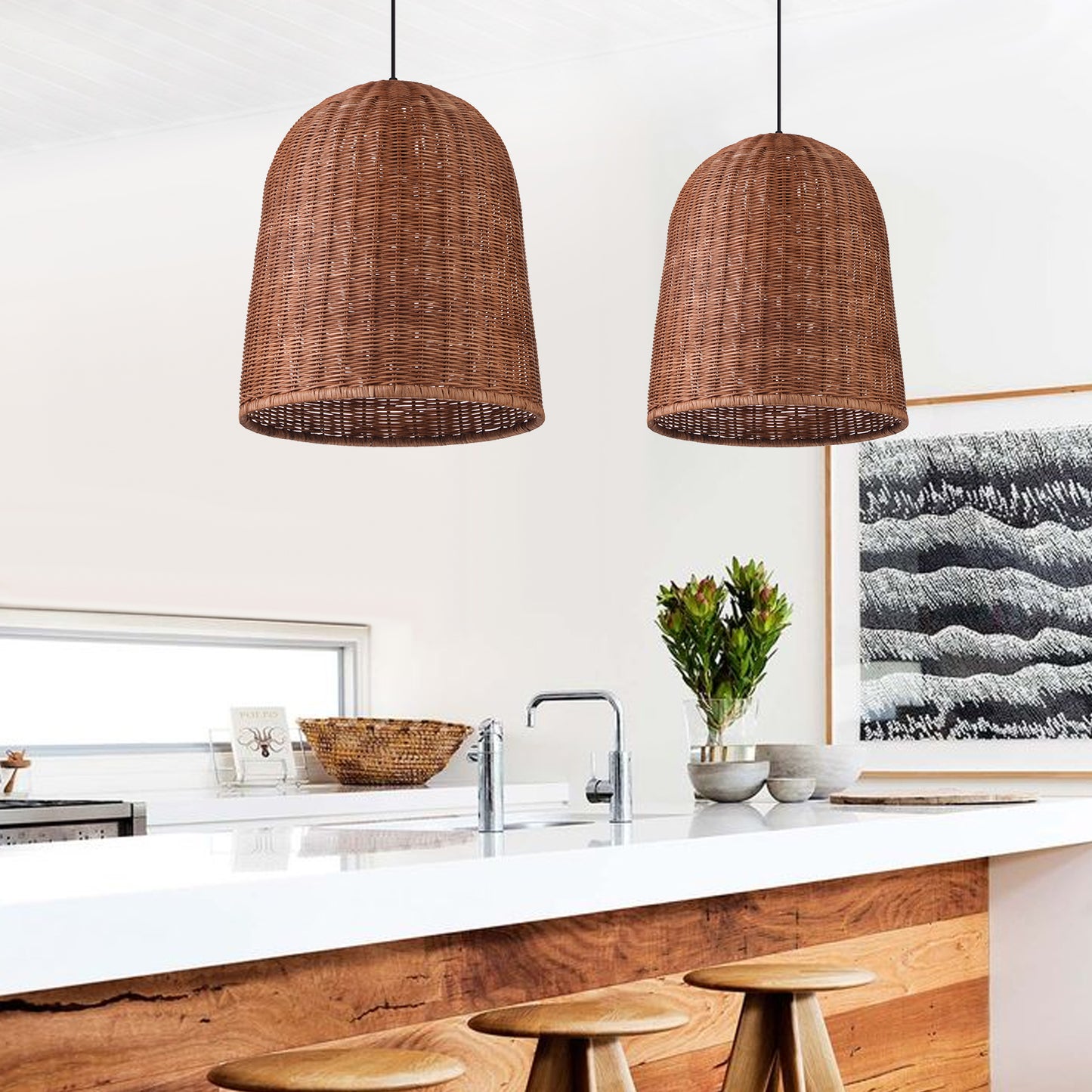 （Q)Hand Woven Brown Rattan Pendant Light, Vintage Style Rattan Basket Rattan Woven Pendant Light, Suitable For Dining And Living Rooms
