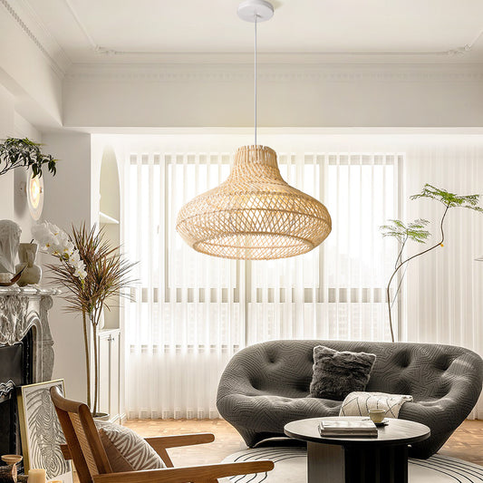 (Q) 15.75-Inch Handmade Rattan Pendant Light, Bohemian Style Tapered Lampshade Rattan Woven Pendant Light, Suitable For Living Room, Kitchen