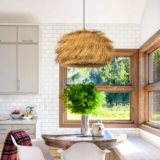(Q)Hand Woven Bamboo and Rattan Pendant Light, Vintage Home Lighting Pendant Light, Bohemian Style, Suitable for Bedrooms and Restaurants