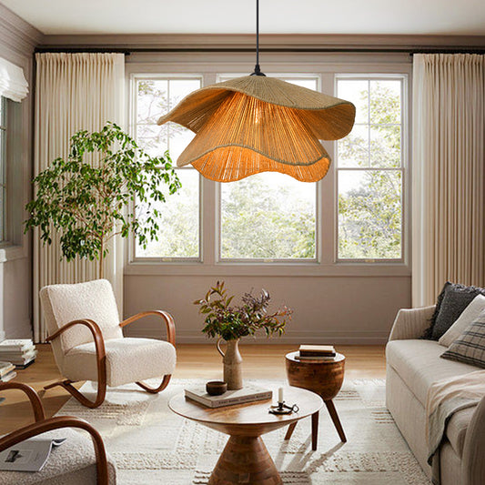 (Q) 11.81 Inch Hemp Rope Pendant Light, Retro Style Multi-Layer Fan-Shaped Lampshade Hemp Rope Pendant Light, Suitable for Living Rooms