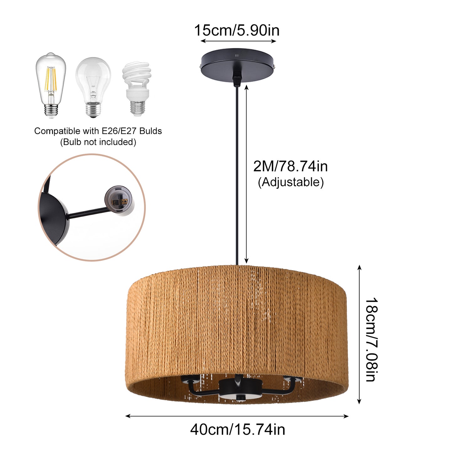 (Q) 15.75-Inch Hemp Rope Pendant Light, Retro Style Cylindrical Lampshade Hemp Rope Pendant Light, Suitable For Living Room, Dining Room, Kitchen