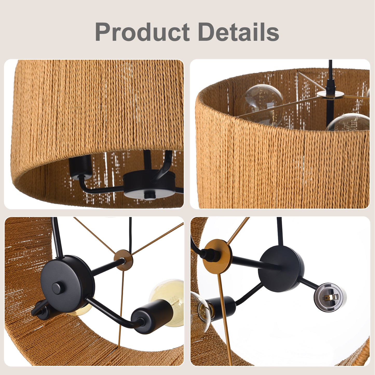 (Q) 15.75-Inch Hemp Rope Pendant Light, Retro Style Cylindrical Lampshade Hemp Rope Pendant Light, Suitable For Living Room, Dining Room, Kitchen